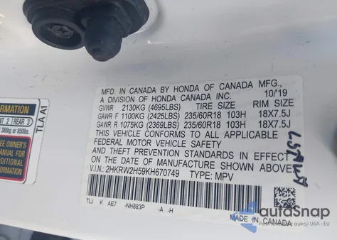 2019 Honda Cr-V Ex z USA, uszkodzony, nr VIN 2HKRW2H59KH670749